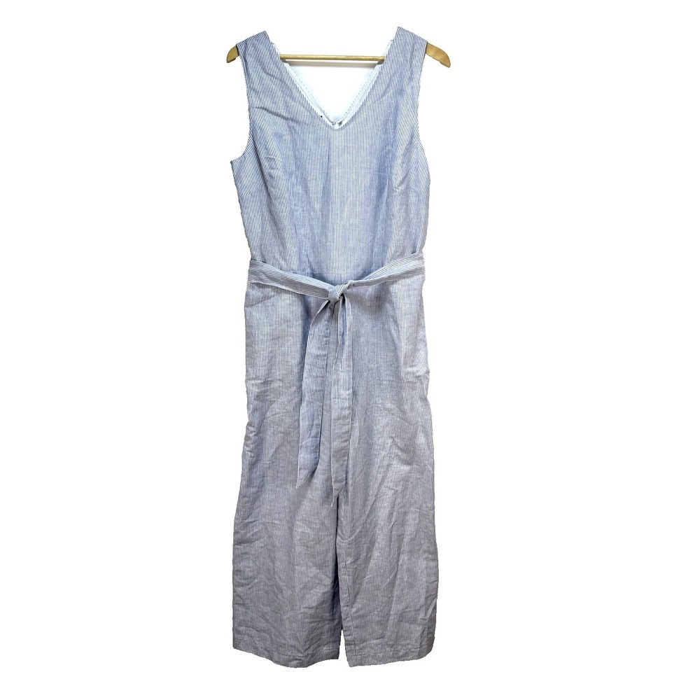Talbots Cropped Linen Cotton Striped Jumpsuit Size 14 White Blue Sleeveless Belt